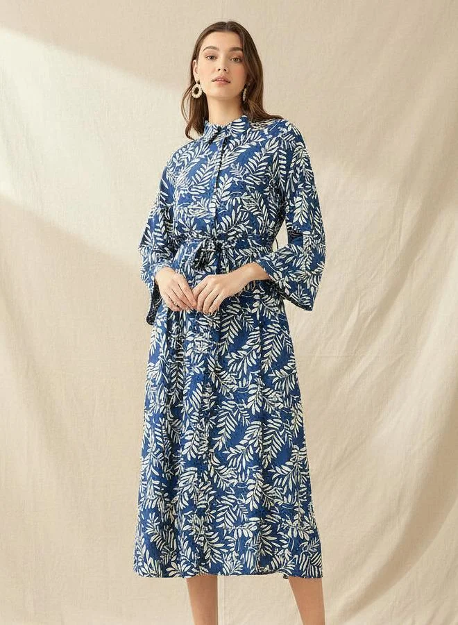 سبلاش فيڤ Leaf Print Viscose Women Shirt Dress with Belt